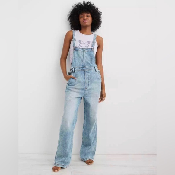 NWT Aerie Denim Wide Leg Overalls Y2K 90s Retro Casual Streetwear XL - Picture 2 of 11